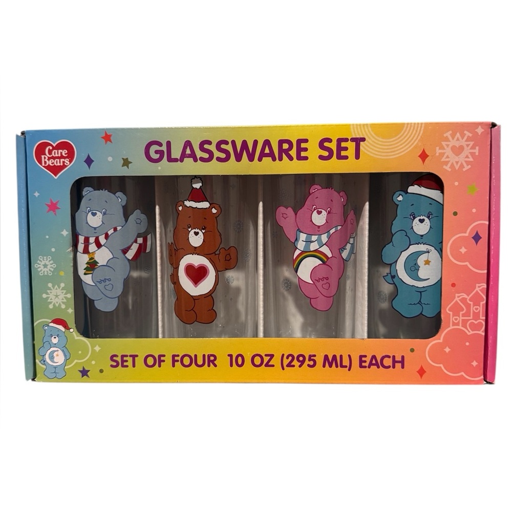 Care Bears Gift Bundle Set of 4 Holiday Christmas Drinking Glasses NWT